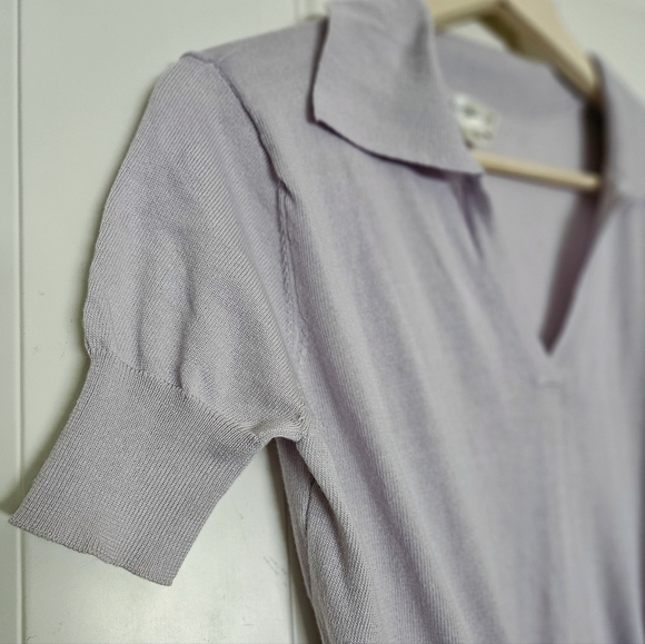 Lilac light purple lavender short sleeves gold tone belt rayon knit dress S - Picture 6 of 12